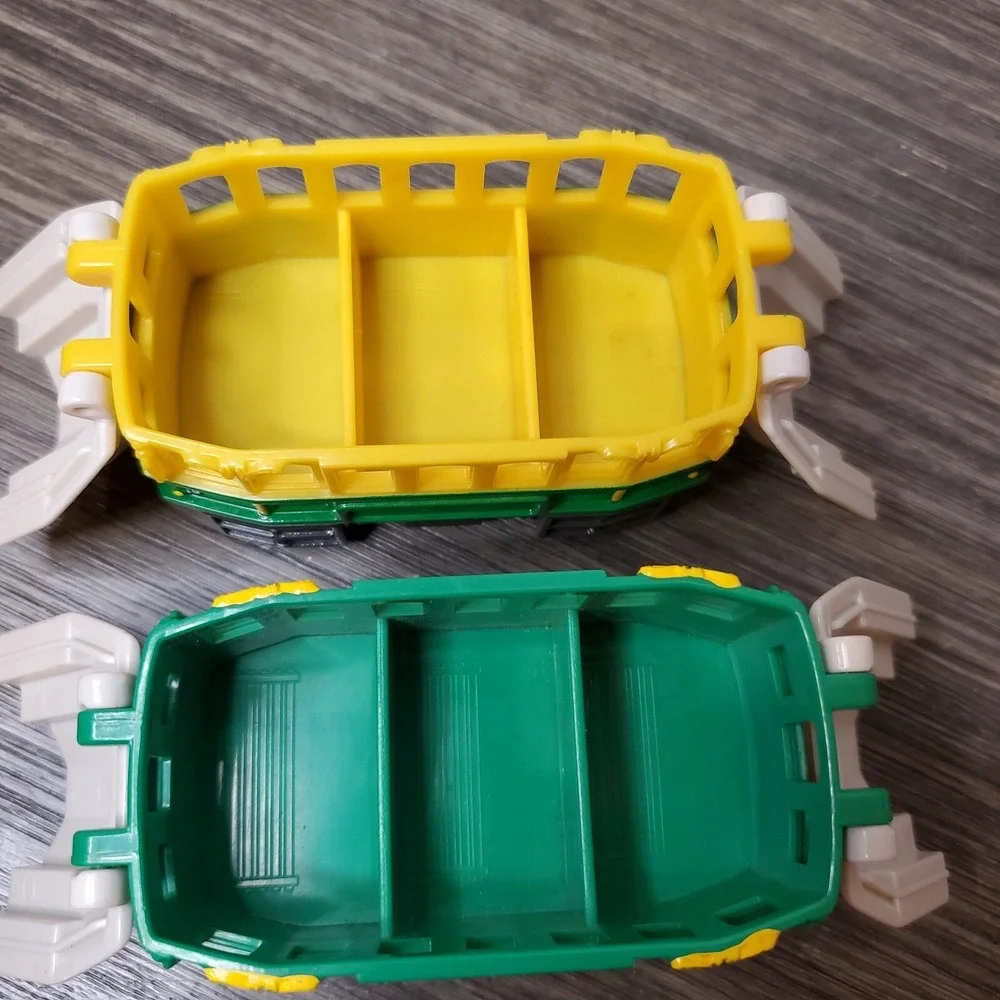 Fisher Price Geotrax Cable Cars - TWO No Motor Push Toys Roof Opens Yellow Green